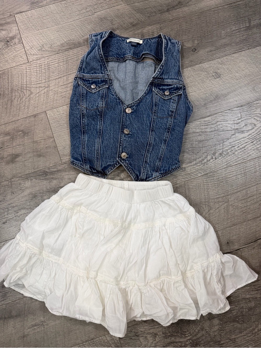 American Eagle Outfitters White Smocked Waist Skirt and denim vest